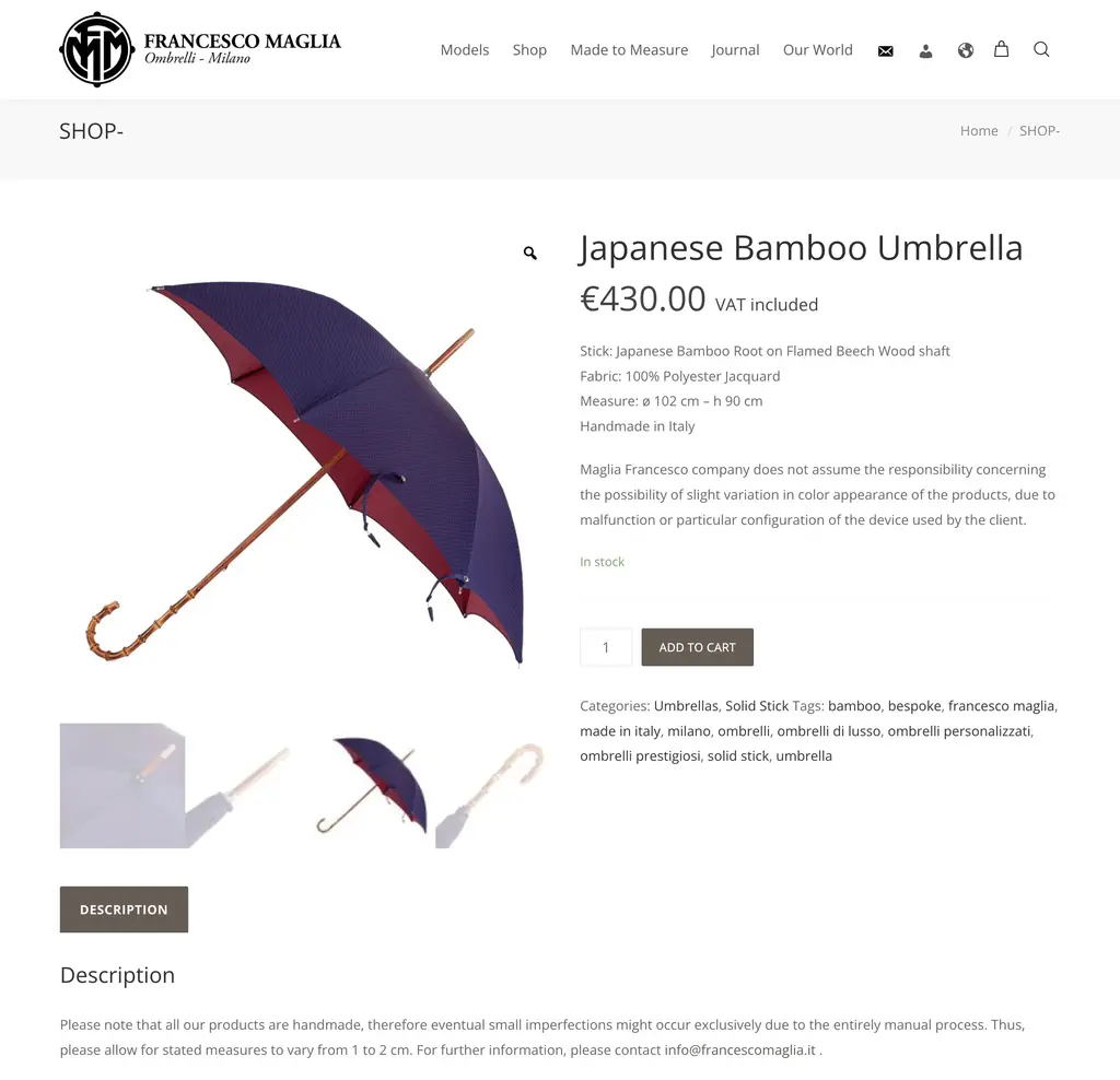 Francesco Magliaによる、日本の寒竹を使った一本木の傘
スクリーンショット出典: https://www.francescomaglia.it/en/prodotto/ladies-solid-stick-bamboo/ (2023年2月取得)