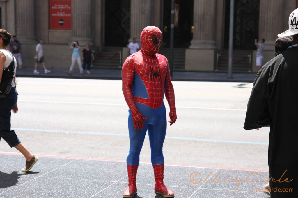 スパイダーマンの仮装をする、ハリウッドブールバードのパフォーマー